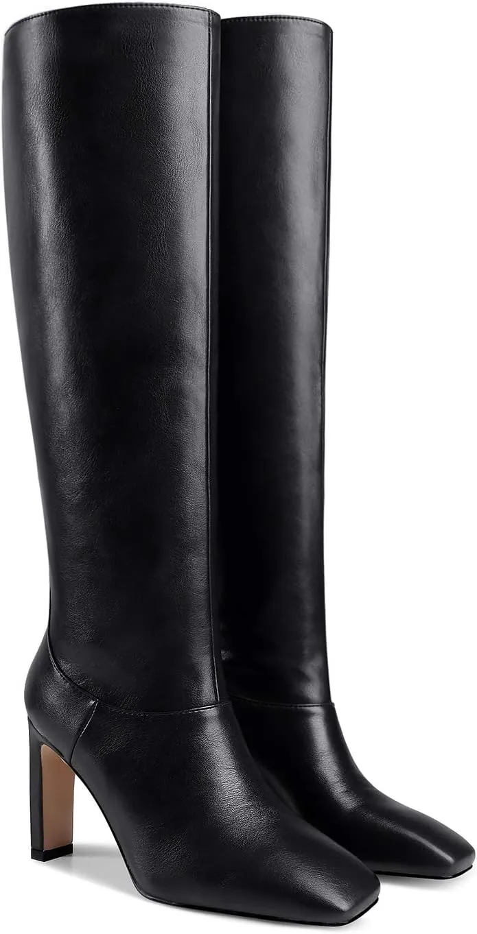 LEHOOR Women Knee High Chunky Heel Boots Matte Leather Square Closed Toe Slip On High Heeled Dress Shoes Sexy Trendy for Ladies 4-11 M US