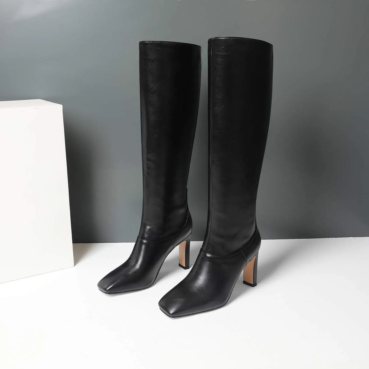 LEHOOR Women Knee High Chunky Heel Boots Matte Leather Square Closed Toe Slip On High Heeled Dress Shoes Sexy Trendy for Ladies 4-11 M US