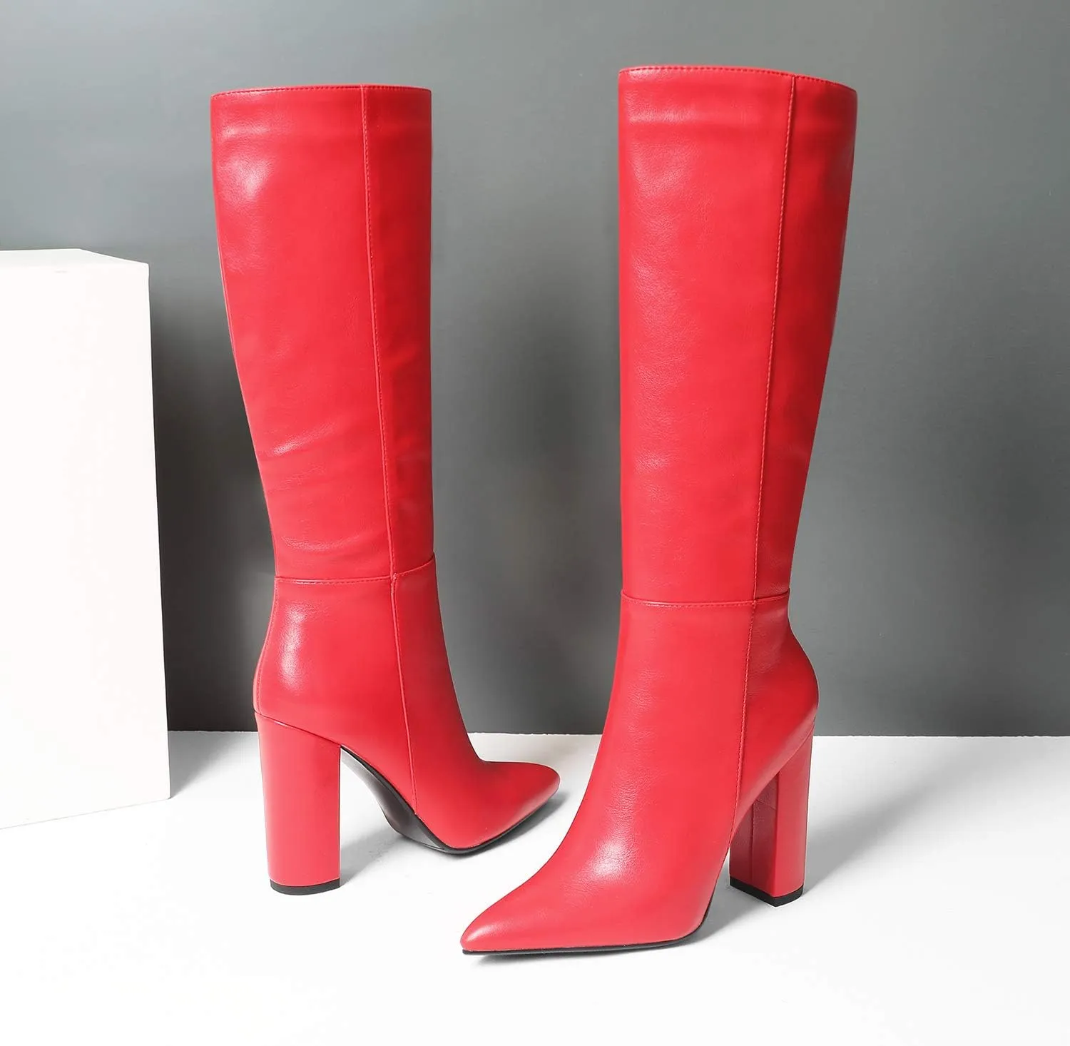 LEHOOR Women Knee High Chunky Heel Boots Pointed Closed Toe Side Zipper High Heeled Dress Shoes Sexy Trendy for Ladies 4-11 M US
