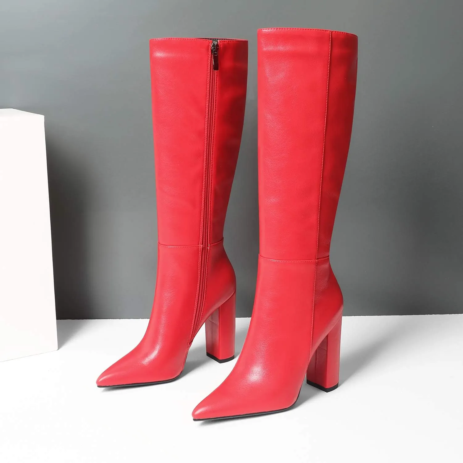 LEHOOR Women Knee High Chunky Heel Boots Pointed Closed Toe Side Zipper High Heeled Dress Shoes Sexy Trendy for Ladies 4-11 M US