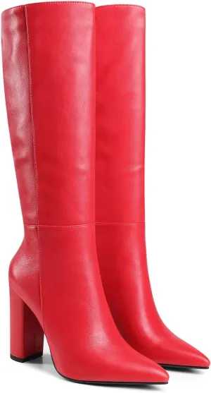 LEHOOR Women Knee High Chunky Heel Boots Pointed Closed Toe Side Zipper High Heeled Dress Shoes Sexy Trendy for Ladies 4-11 M US