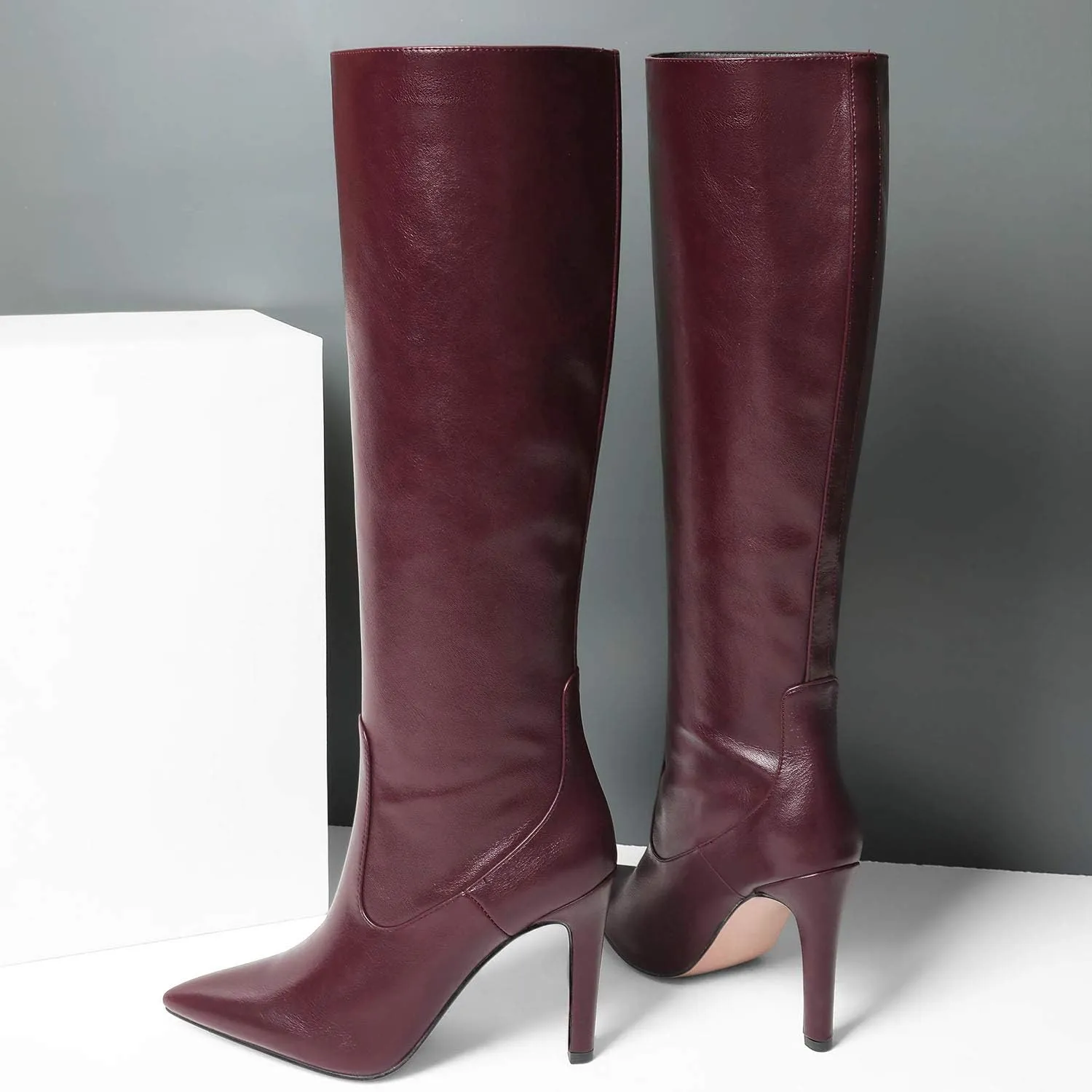 LEHOOR Women Knee High Stiletto Heel Boots Pointed Closed Toe Slip On High Heeled Dress Shoes Sexy Trendy for Ladies 4-11 M US