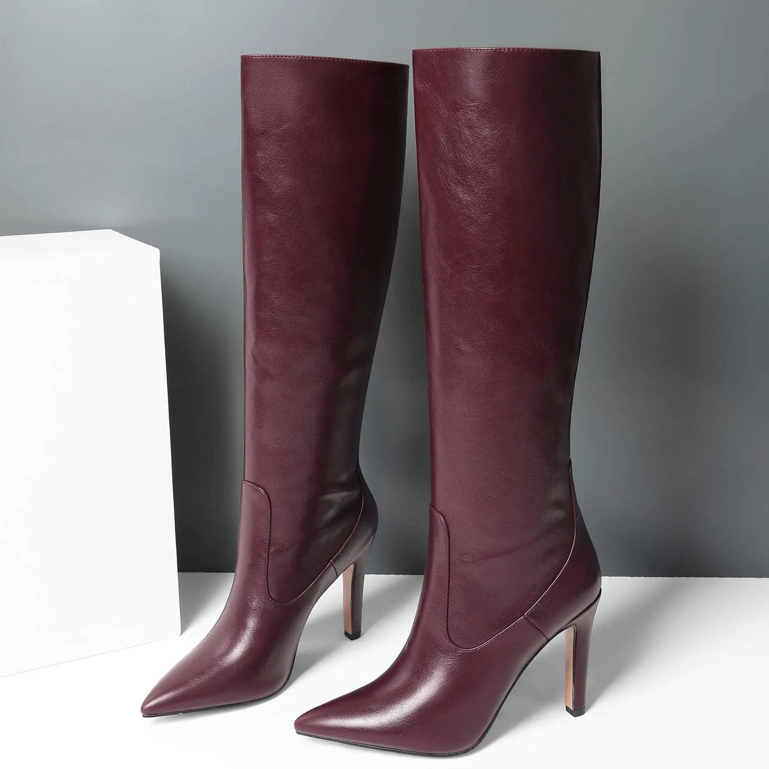 LEHOOR Women Knee High Stiletto Heel Boots Pointed Closed Toe Slip On High Heeled Dress Shoes Sexy Trendy for Ladies 4-11 M US