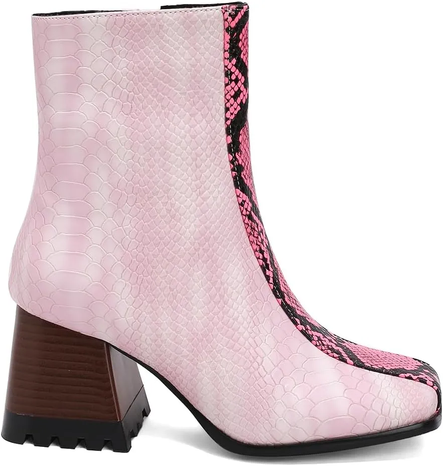 LEHOOR Women Square Toe Ankle Boots Chunky Block Heel Side Zipper Sock Booties Crocodile Snakeskin Two-Toned Combat Boots Patchwork Multicolored Fall Dress Boot Chic Fashion Party Work 4-15 M US