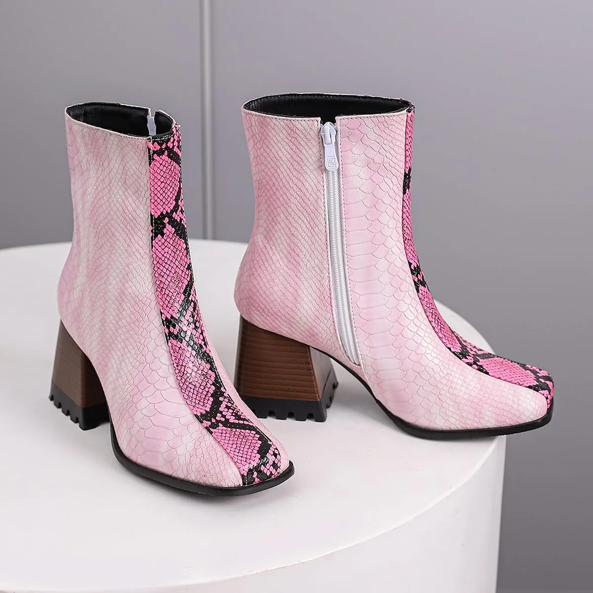 LEHOOR Women Square Toe Ankle Boots Chunky Block Heel Side Zipper Sock Booties Crocodile Snakeskin Two-Toned Combat Boots Patchwork Multicolored Fall Dress Boot Chic Fashion Party Work 4-15 M US