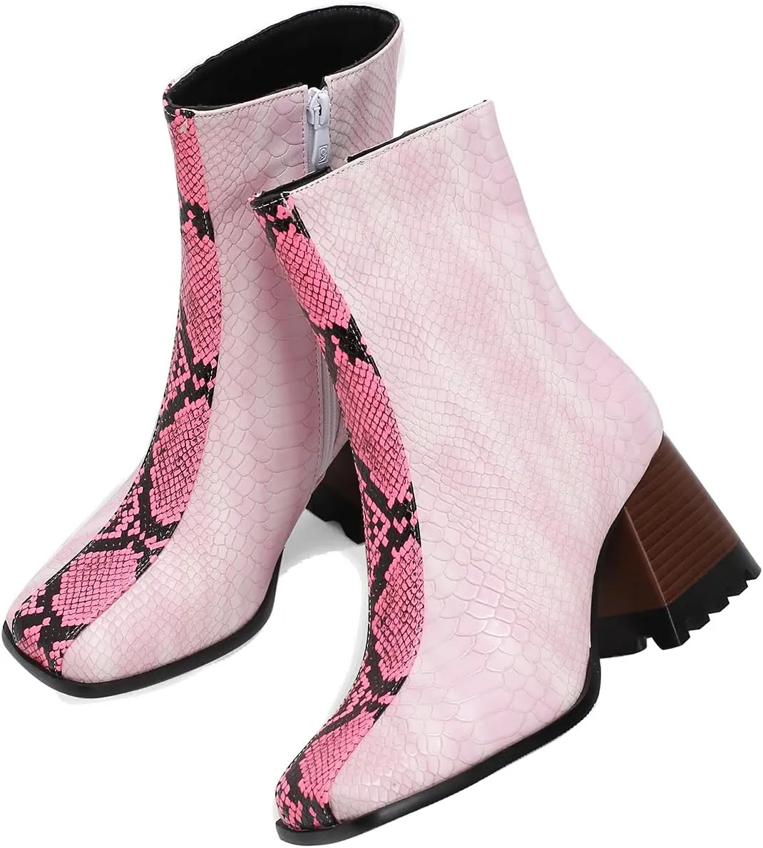 LEHOOR Women Square Toe Ankle Boots Chunky Block Heel Side Zipper Sock Booties Crocodile Snakeskin Two-Toned Combat Boots Patchwork Multicolored Fall Dress Boot Chic Fashion Party Work 4-15 M US