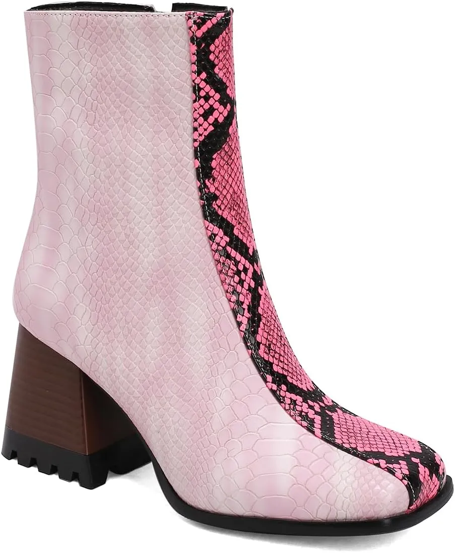 LEHOOR Women Square Toe Ankle Boots Chunky Block Heel Side Zipper Sock Booties Crocodile Snakeskin Two-Toned Combat Boots Patchwork Multicolored Fall Dress Boot Chic Fashion Party Work 4-15 M US