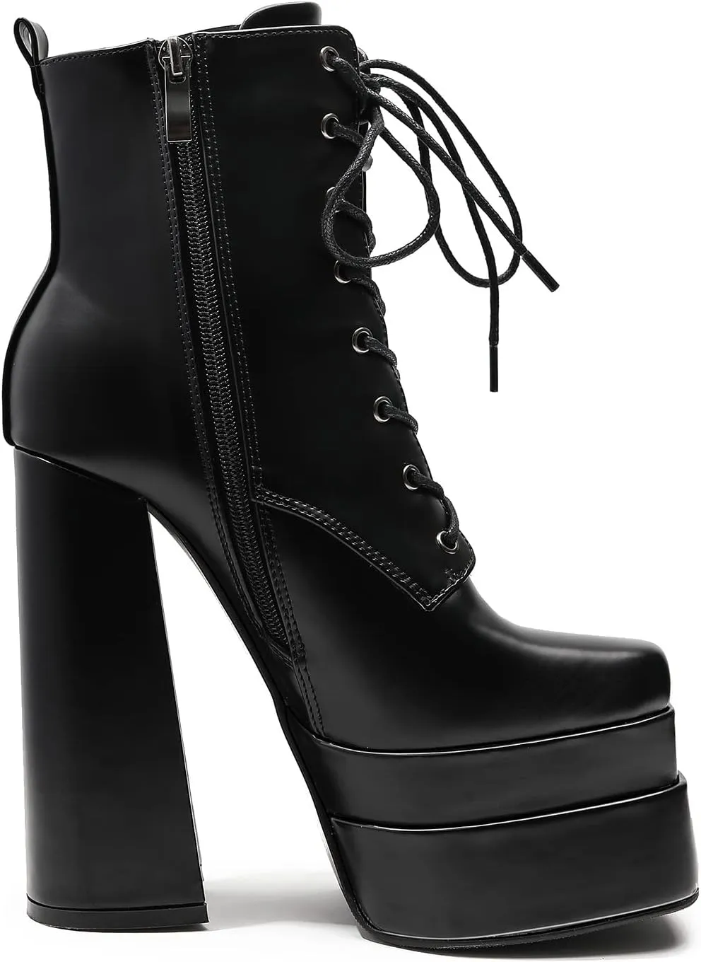 LEMUTISME Women's Trendy Closed Square Toe Lace Up Double Platform Chunky High Heel Motorcycle Ankle Boots With Side Zipper