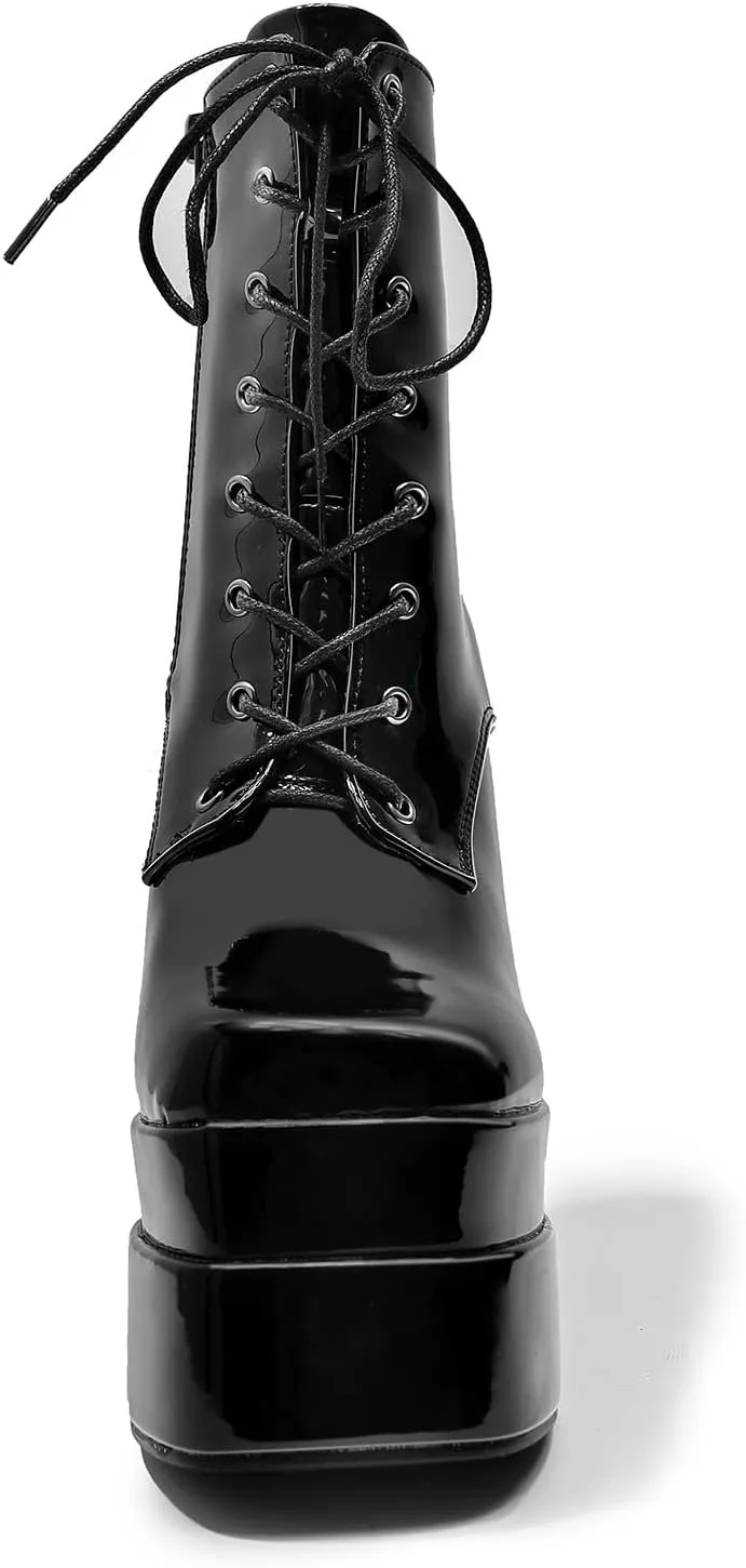 LEMUTISME Women's Trendy Closed Square Toe Lace Up Double Platform Chunky High Heel Motorcycle Ankle Boots With Side Zipper