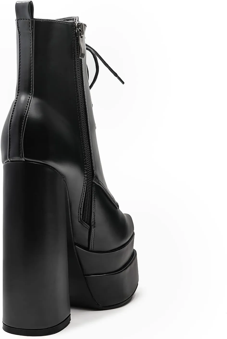 LEMUTISME Women's Trendy Closed Square Toe Lace Up Double Platform Chunky High Heel Motorcycle Ankle Boots With Side Zipper