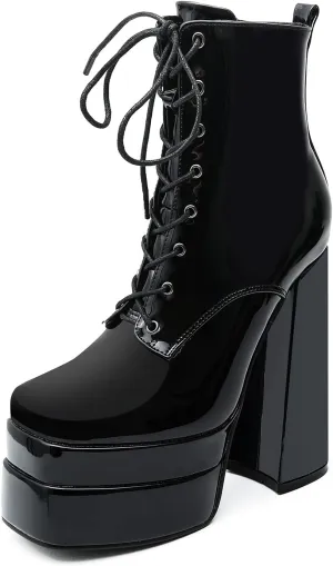 LEMUTISME Women's Trendy Closed Square Toe Lace Up Double Platform Chunky High Heel Motorcycle Ankle Boots With Side Zipper