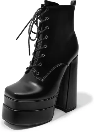 LEMUTISME Women's Trendy Closed Square Toe Lace Up Double Platform Chunky High Heel Motorcycle Ankle Boots With Side Zipper