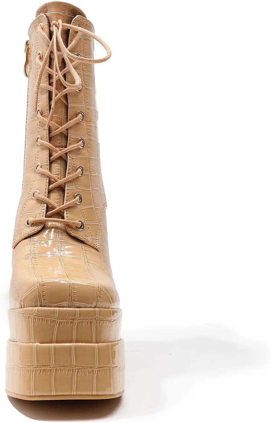 LEMUTISME Women's Trendy Closed Square Toe Lace Up Double Platform Chunky High Heel Motorcycle Ankle Boots With Side Zipper