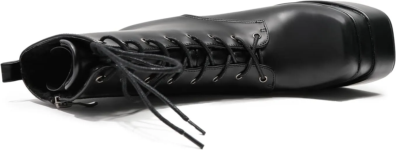 LEMUTISME Women's Trendy Closed Square Toe Lace Up Double Platform Chunky High Heel Motorcycle Ankle Boots With Side Zipper