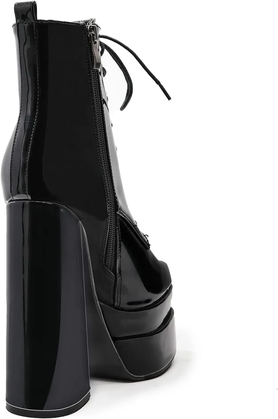 LEMUTISME Women's Trendy Closed Square Toe Lace Up Double Platform Chunky High Heel Motorcycle Ankle Boots With Side Zipper