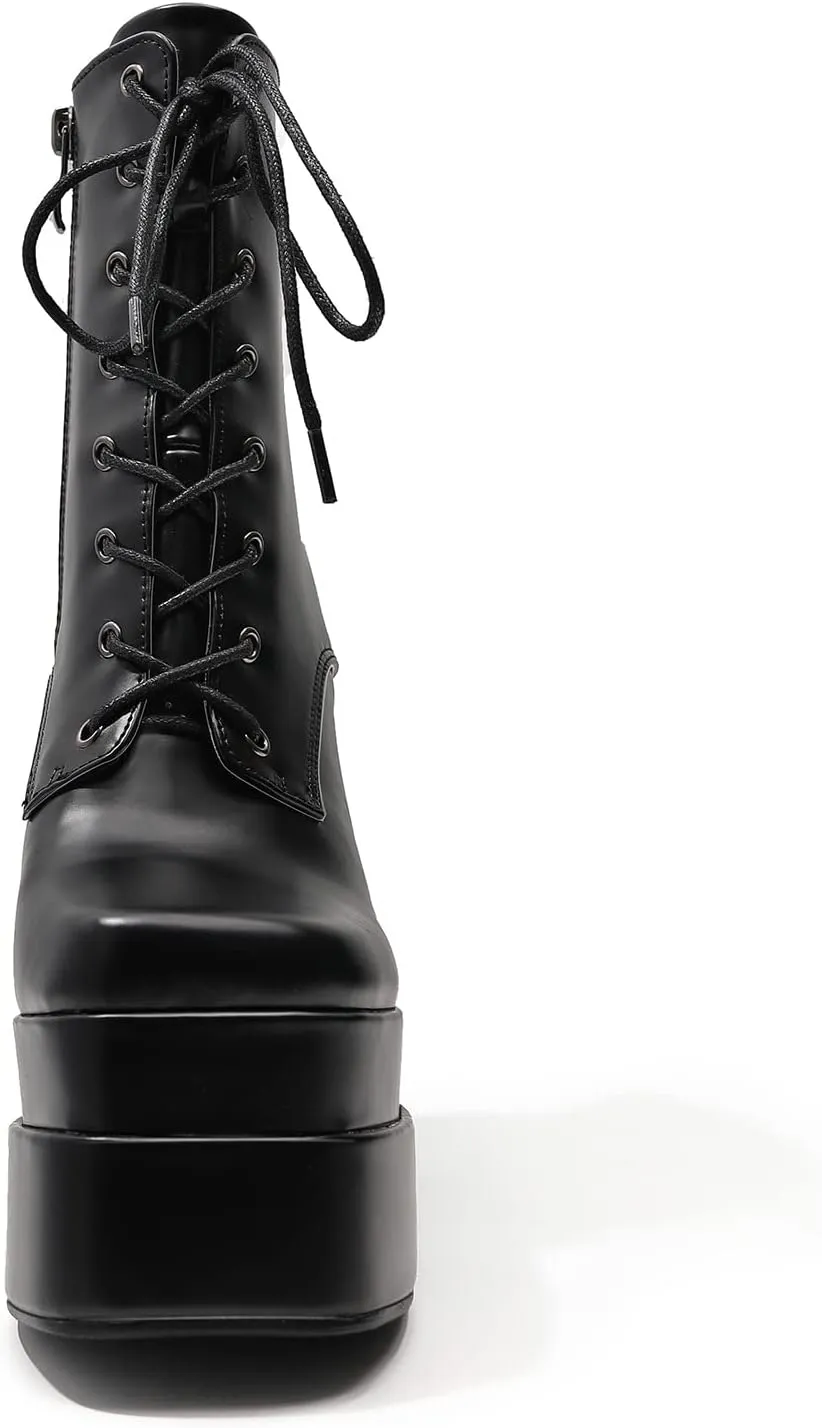 LEMUTISME Women's Trendy Closed Square Toe Lace Up Double Platform Chunky High Heel Motorcycle Ankle Boots With Side Zipper