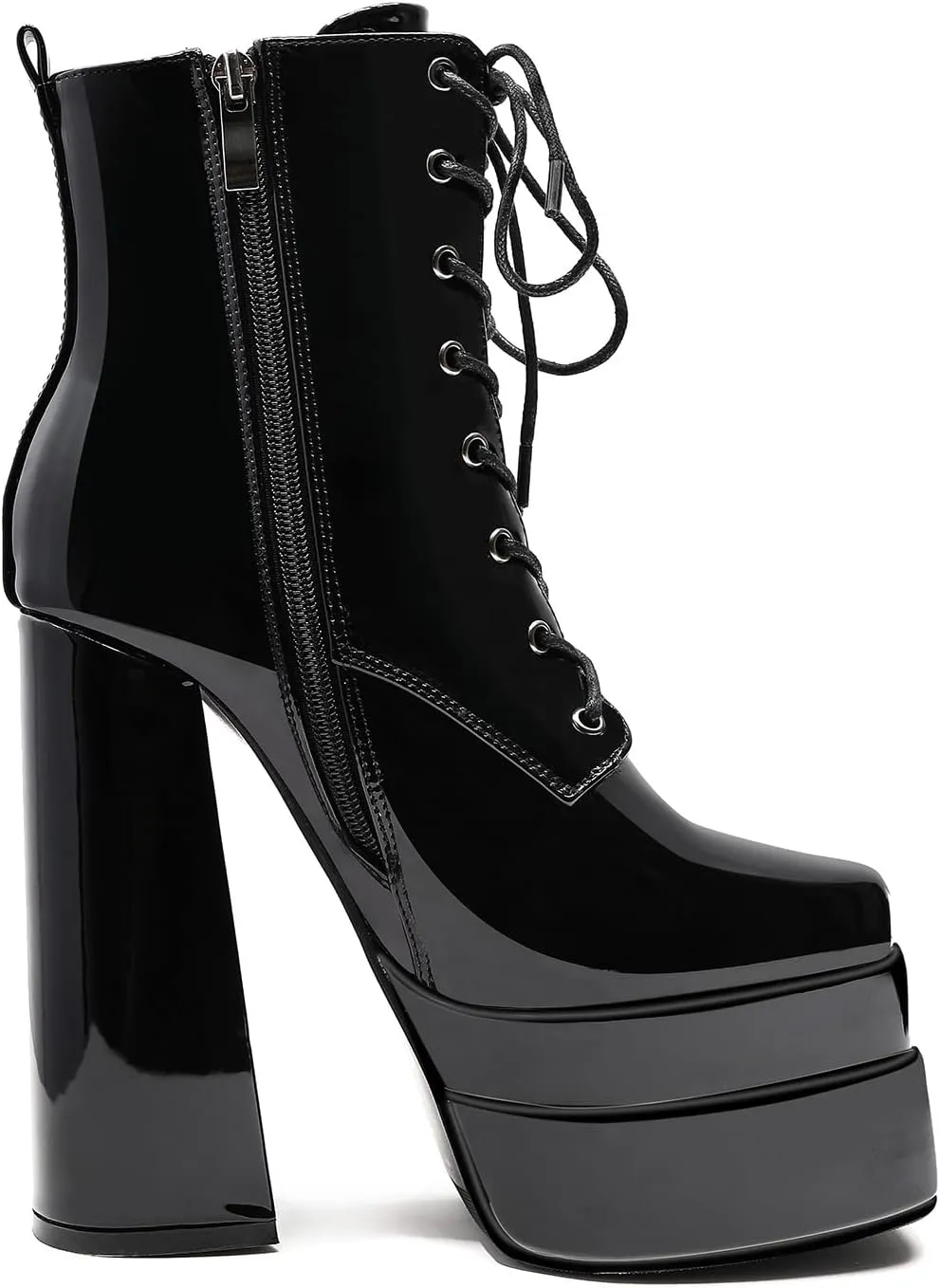LEMUTISME Women's Trendy Closed Square Toe Lace Up Double Platform Chunky High Heel Motorcycle Ankle Boots With Side Zipper