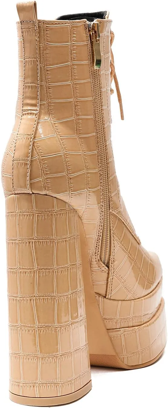 LEMUTISME Women's Trendy Closed Square Toe Lace Up Double Platform Chunky High Heel Motorcycle Ankle Boots With Side Zipper