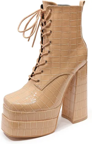 LEMUTISME Women's Trendy Closed Square Toe Lace Up Double Platform Chunky High Heel Motorcycle Ankle Boots With Side Zipper