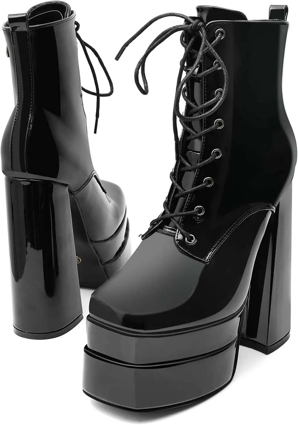 LEMUTISME Women's Trendy Closed Square Toe Lace Up Double Platform Chunky High Heel Motorcycle Ankle Boots With Side Zipper