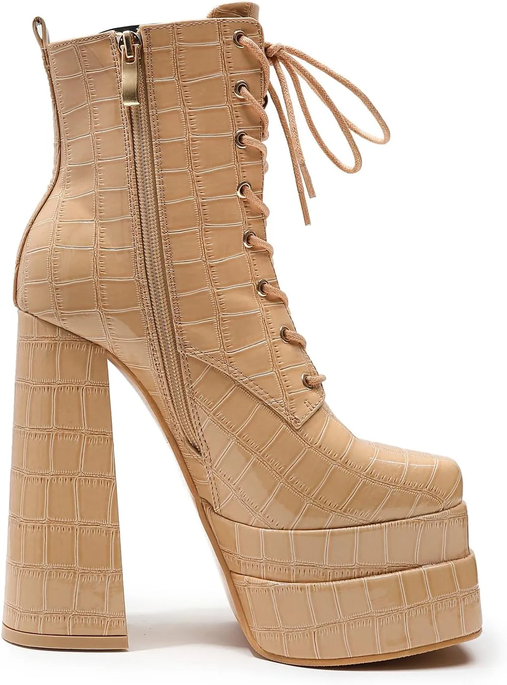 LEMUTISME Women's Trendy Closed Square Toe Lace Up Double Platform Chunky High Heel Motorcycle Ankle Boots With Side Zipper