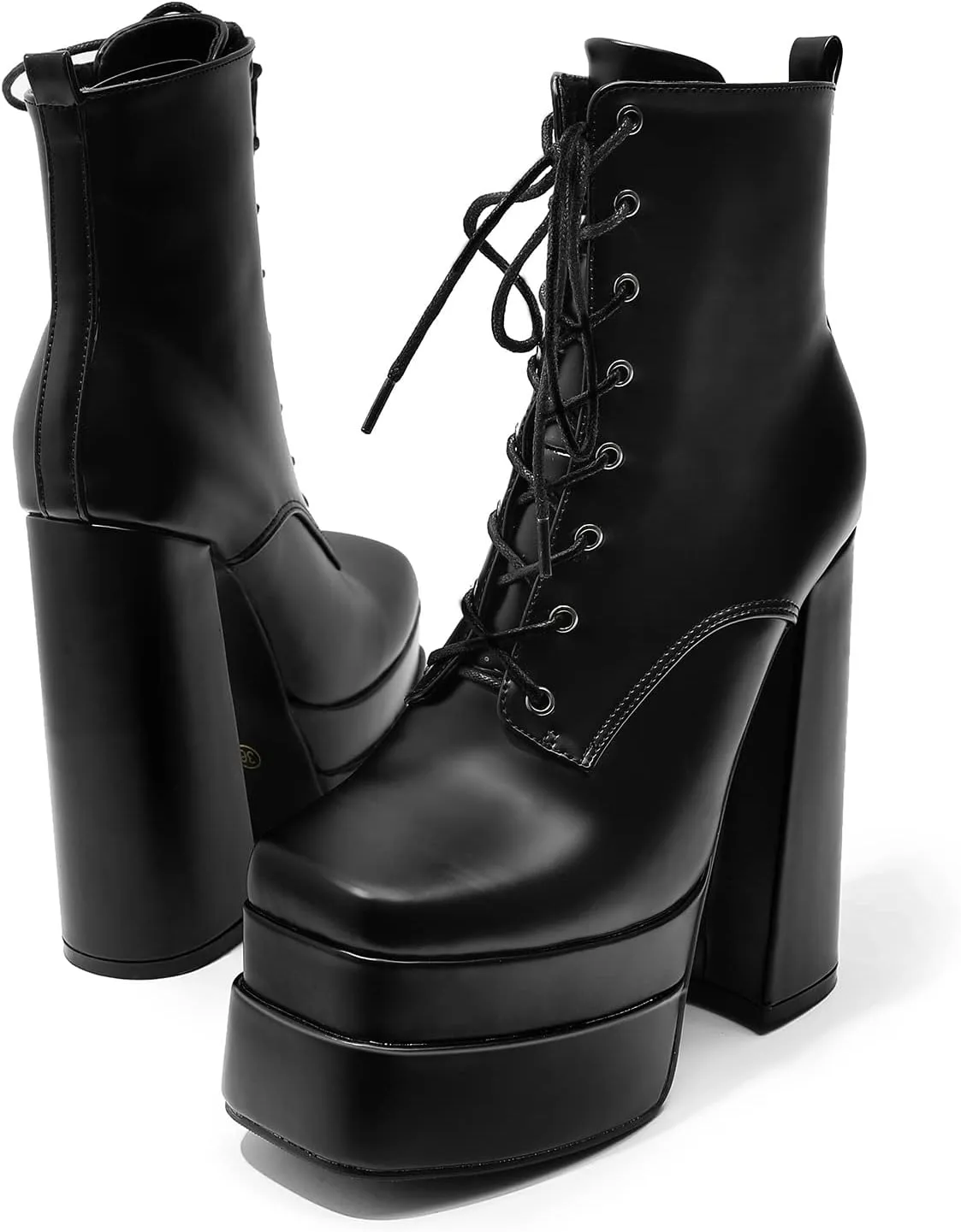 LEMUTISME Women's Trendy Closed Square Toe Lace Up Double Platform Chunky High Heel Motorcycle Ankle Boots With Side Zipper
