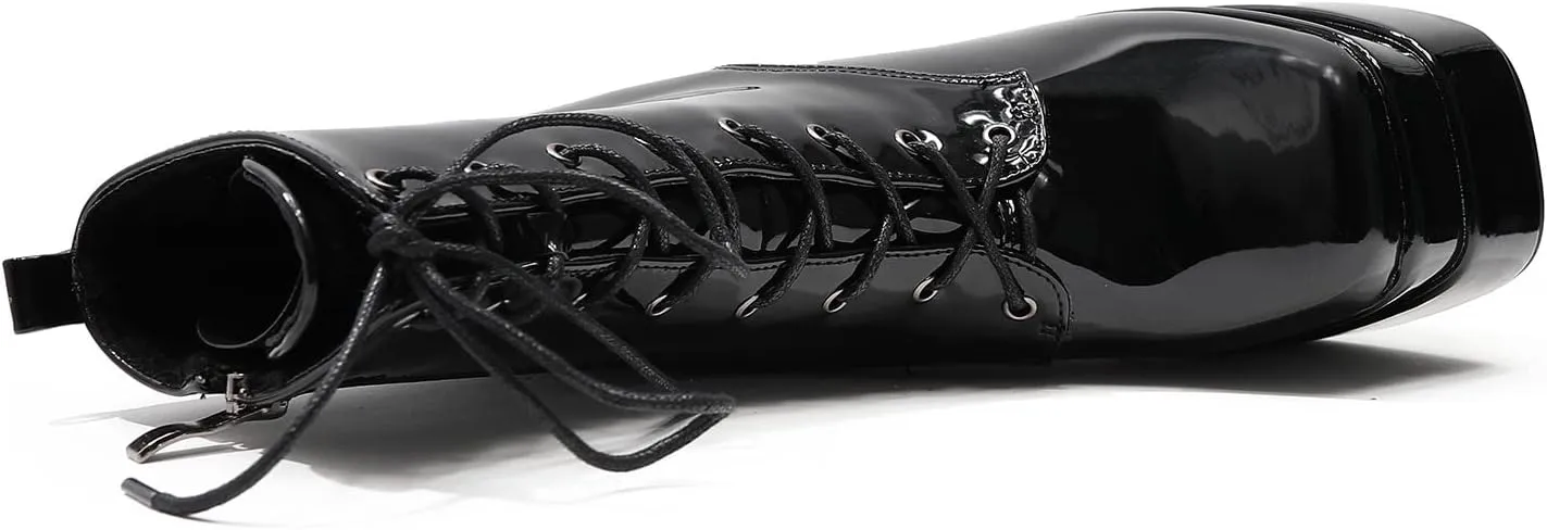 LEMUTISME Women's Trendy Closed Square Toe Lace Up Double Platform Chunky High Heel Motorcycle Ankle Boots With Side Zipper