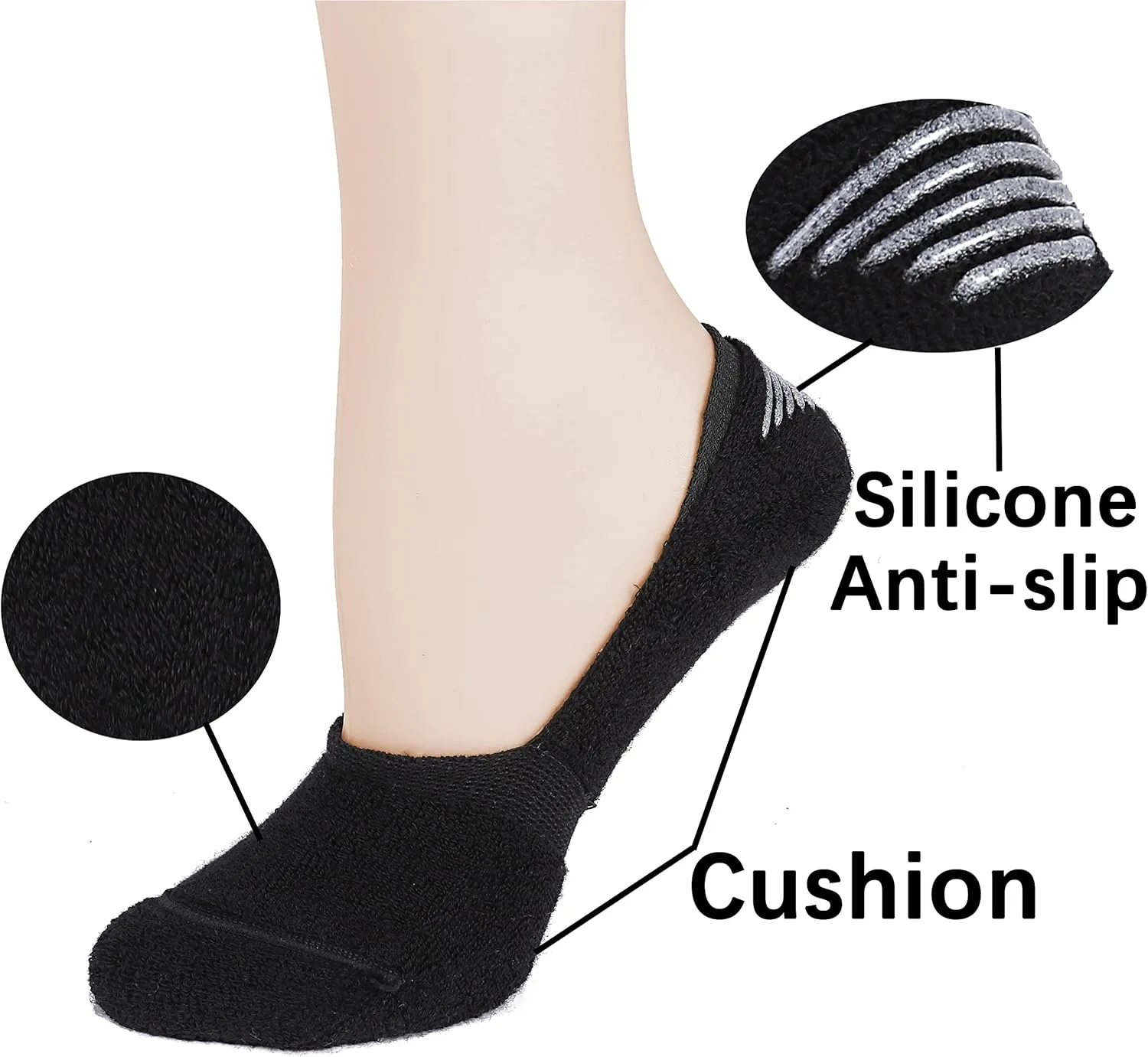 Leotruny 6 Pairs Unisex Thick Cushion Athletic Cotton Non Slip Low Cut Flat Liner No Show Socks