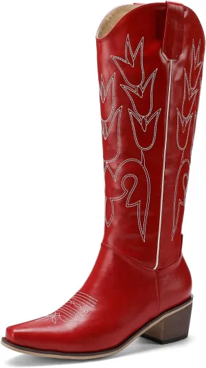 LingxiaUne Red Embroidered Cowboy Boots For Women Stylish Western Cowgirl Boot With Pointed Toe Chunky Block Heel Comfortable Shoes Mid Calf Boot For Party Prom Music Festival Pull On