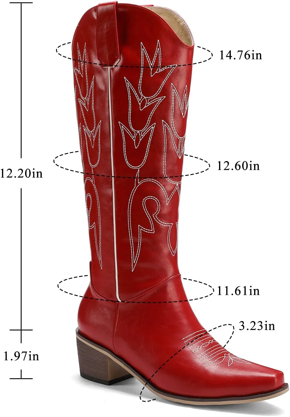 LingxiaUne Red Embroidered Cowboy Boots For Women Stylish Western Cowgirl Boot With Pointed Toe Chunky Block Heel Comfortable Shoes Mid Calf Boot For Party Prom Music Festival Pull On
