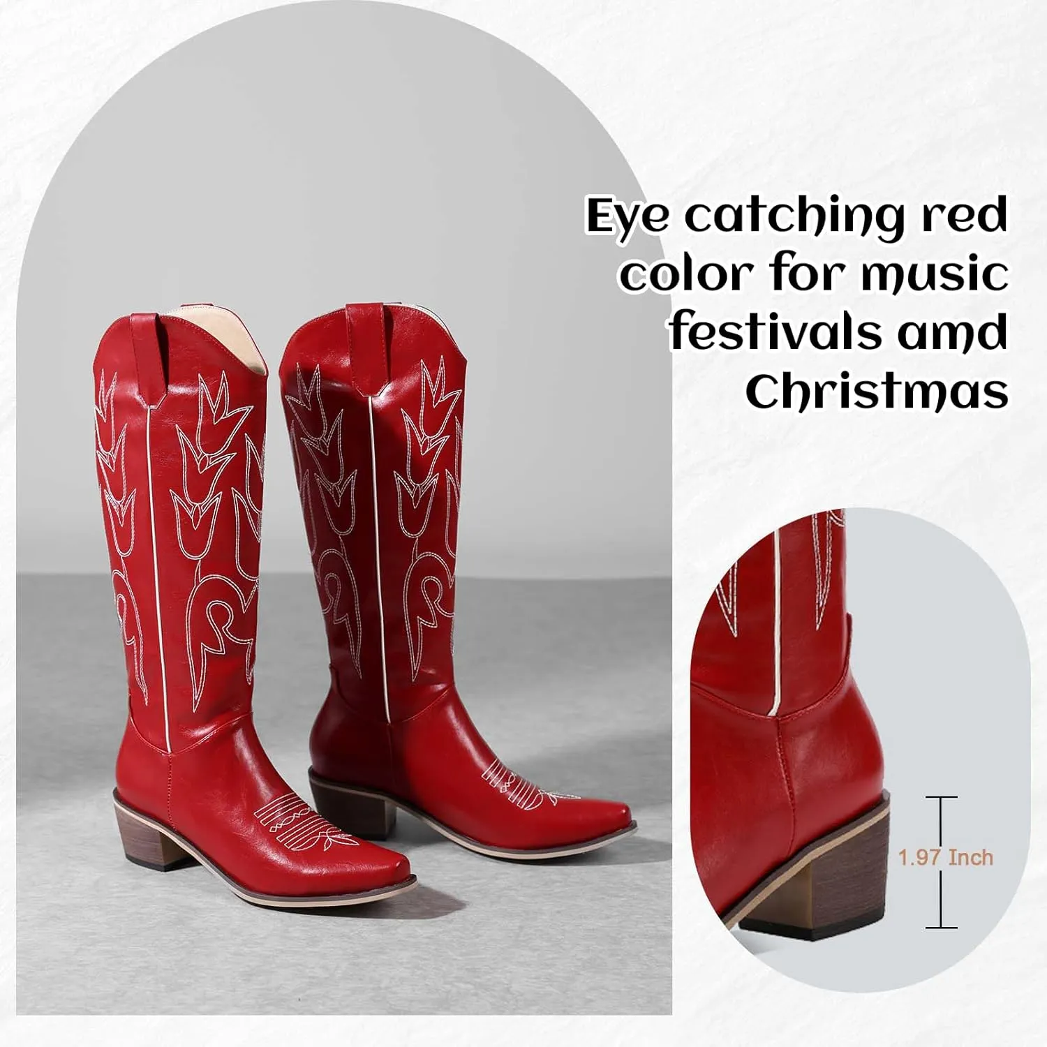 LingxiaUne Red Embroidered Cowboy Boots For Women Stylish Western Cowgirl Boot With Pointed Toe Chunky Block Heel Comfortable Shoes Mid Calf Boot For Party Prom Music Festival Pull On
