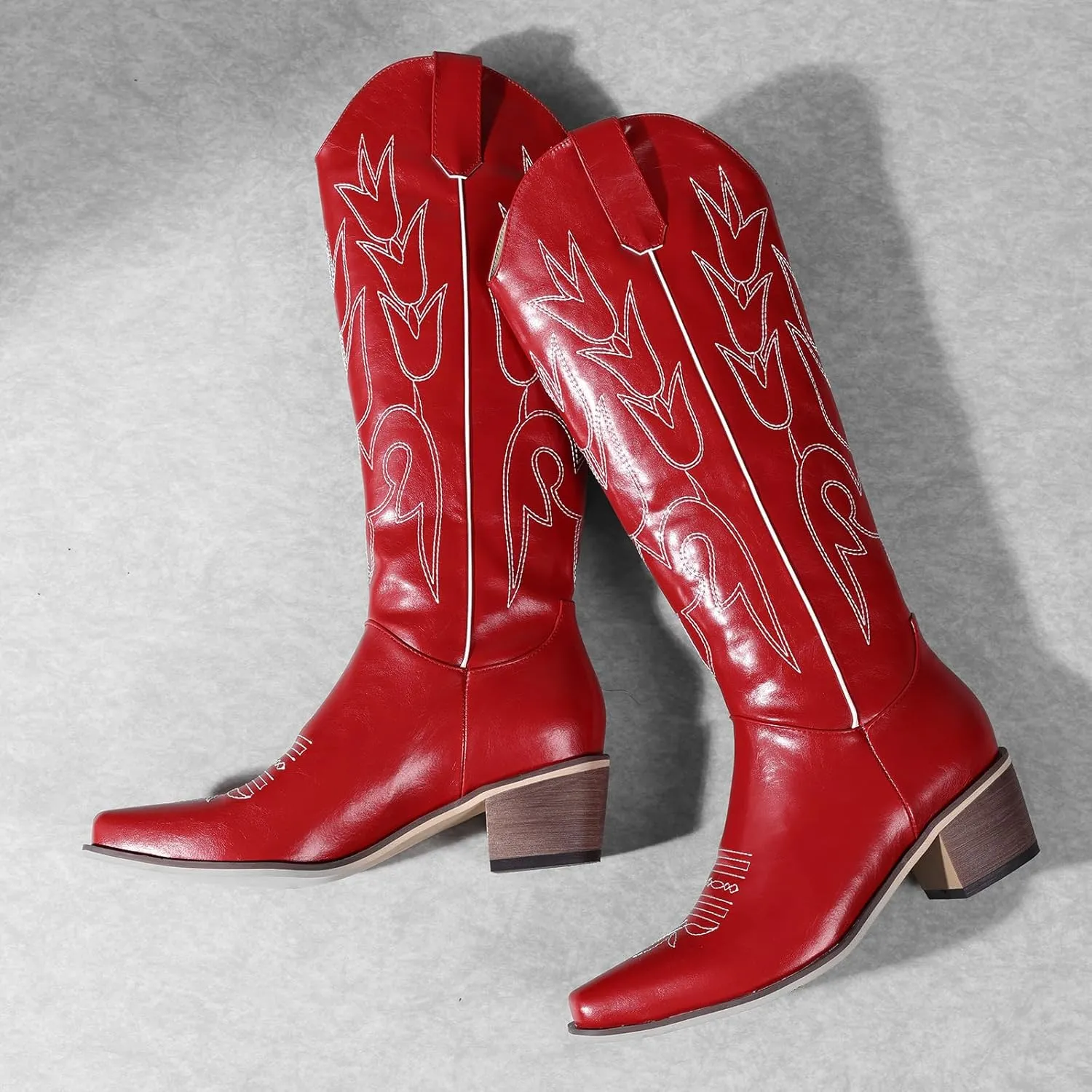 LingxiaUne Red Embroidered Cowboy Boots For Women Stylish Western Cowgirl Boot With Pointed Toe Chunky Block Heel Comfortable Shoes Mid Calf Boot For Party Prom Music Festival Pull On
