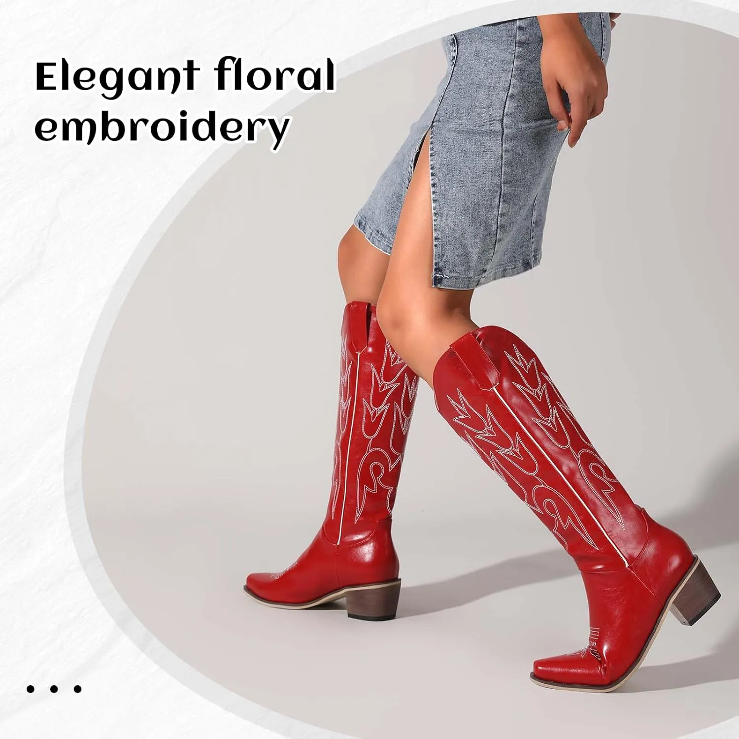 LingxiaUne Red Embroidered Cowboy Boots For Women Stylish Western Cowgirl Boot With Pointed Toe Chunky Block Heel Comfortable Shoes Mid Calf Boot For Party Prom Music Festival Pull On