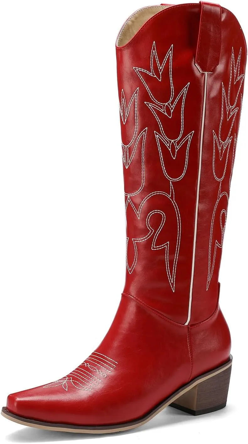 LingxiaUne Red Embroidered Cowboy Boots For Women Stylish Western Cowgirl Boot With Pointed Toe Chunky Block Heel Comfortable Shoes Mid Calf Boot For Party Prom Music Festival Pull On