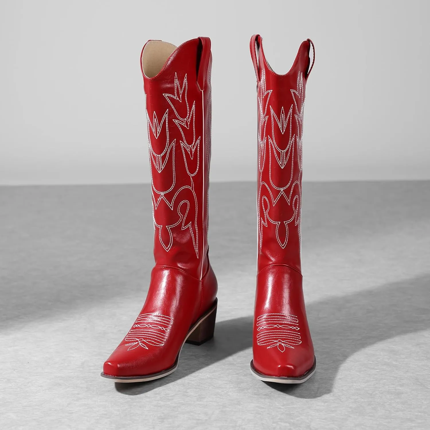 LingxiaUne Red Embroidered Cowboy Boots For Women Stylish Western Cowgirl Boot With Pointed Toe Chunky Block Heel Comfortable Shoes Mid Calf Boot For Party Prom Music Festival Pull On