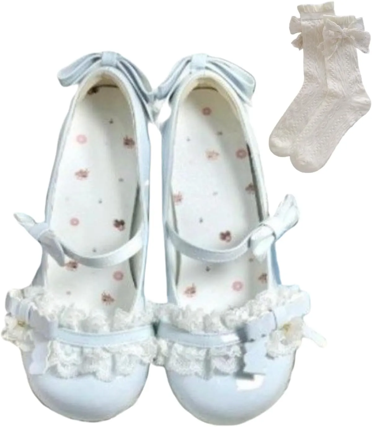 Lolita-Style Mary Jane Shoes Lace Butterfly Bow Round Toe Low Heel Princess Flats Chunky Block Heeled Kawaii Cute Pumps