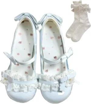 Lolita-Style Mary Jane Shoes Lace Butterfly Bow Round Toe Low Heel Princess Flats Chunky Block Heeled Kawaii Cute Pumps