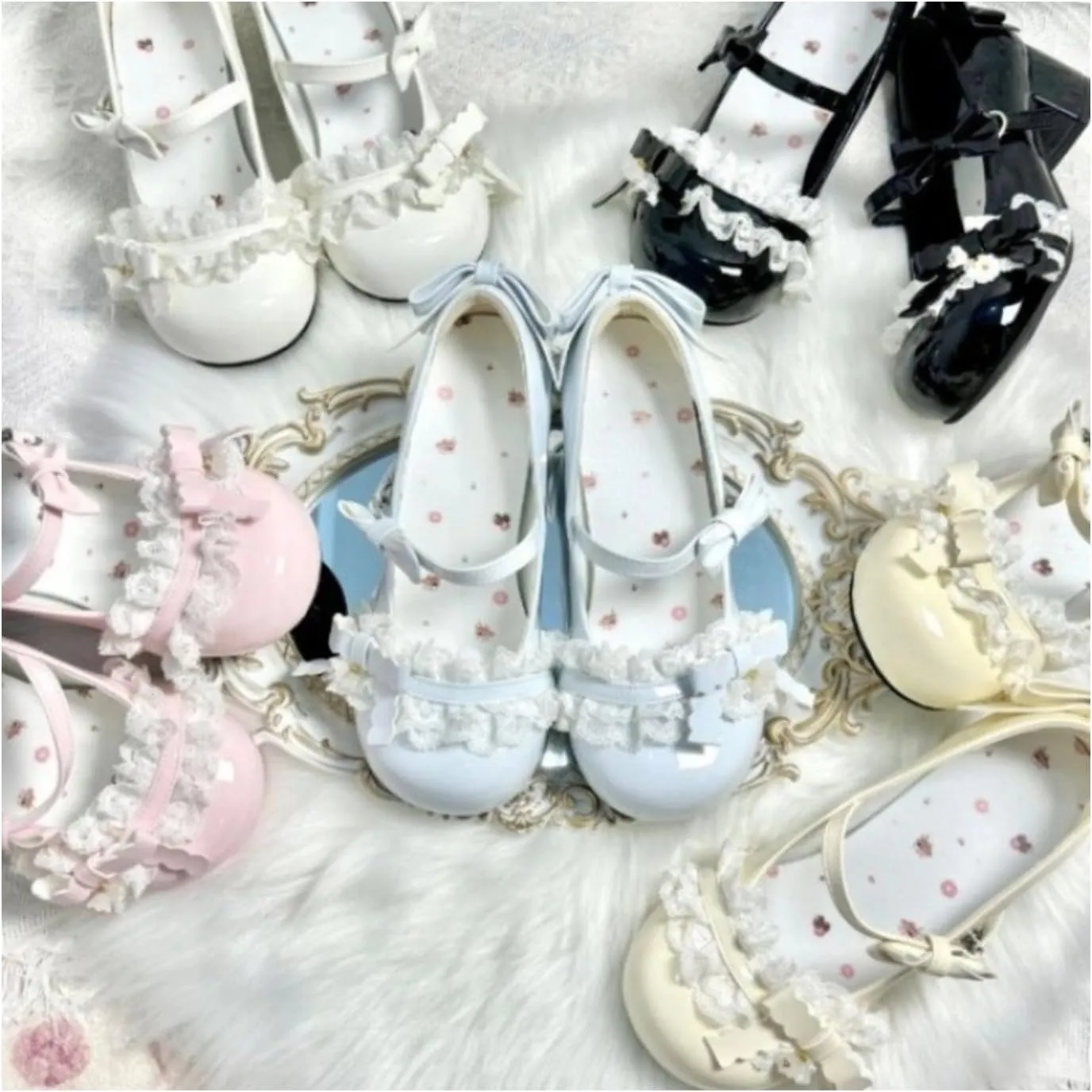 Lolita-Style Mary Jane Shoes Lace Butterfly Bow Round Toe Low Heel Princess Flats Chunky Block Heeled Kawaii Cute Pumps