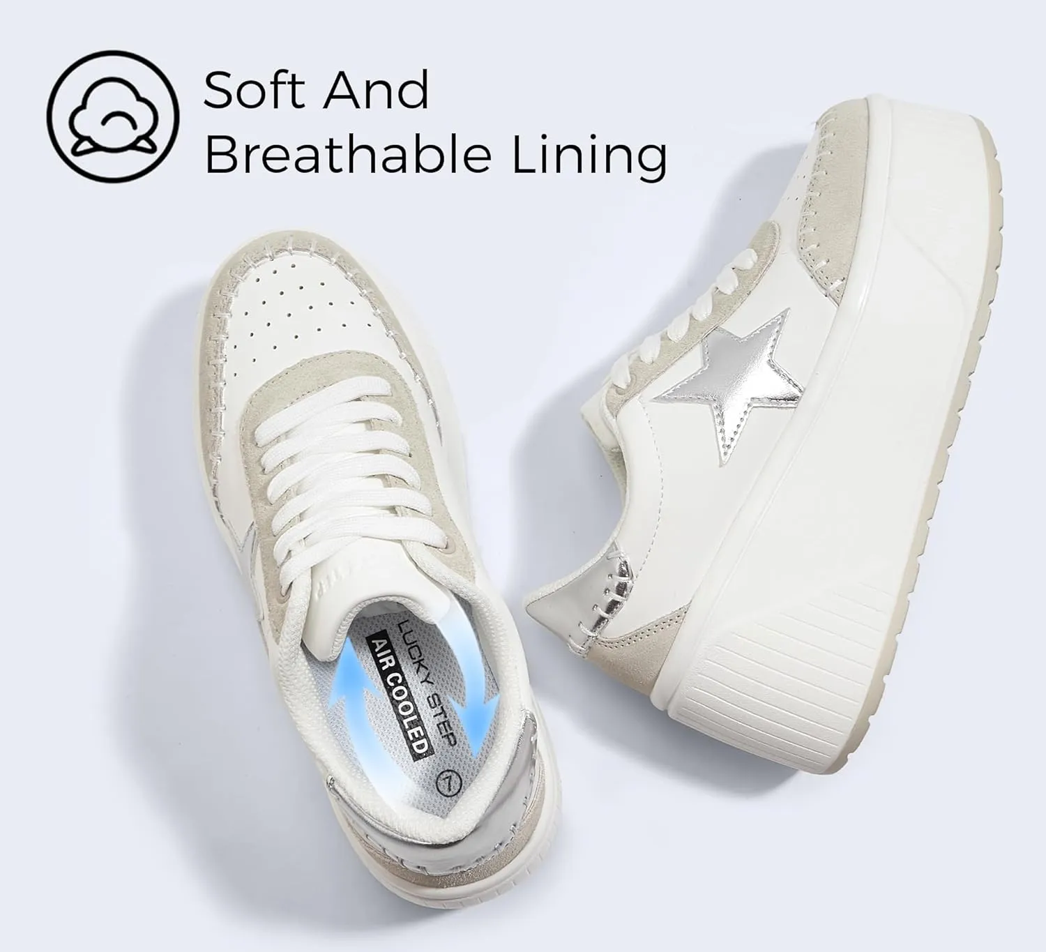 LUCKY STEP Women's Platform Chunky Sneakers Fashion Star Glitter Sparkly Wedge Walking Shoes High Heel Casual Shiny Thick Sole Footwear