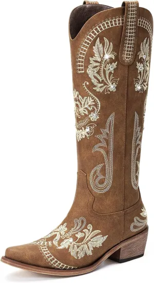Lumeheel Cowboy Boots for Women - Knee High Western Cowgirl Boots, Sparkly Rhinestone Retro Country Boots with Classic Embroidered, Pointed Toe Chunky Heel Pull on Zipper Fashion Vintage Tall Boots