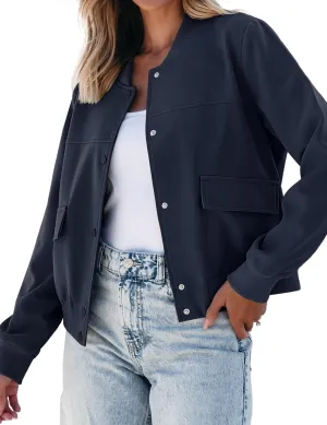 luvamia Bomber Jackets for Women Fall Casual Button Down Long Sleeves Trendy Varsity Jacket Outerwear Coat with Pockets