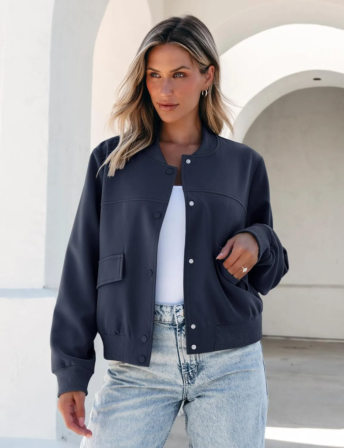 luvamia Bomber Jackets for Women Fall Casual Button Down Long Sleeves Trendy Varsity Jacket Outerwear Coat with Pockets