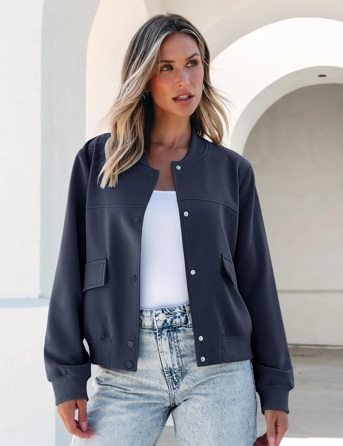 luvamia Bomber Jackets for Women Fall Casual Button Down Long Sleeves Trendy Varsity Jacket Outerwear Coat with Pockets