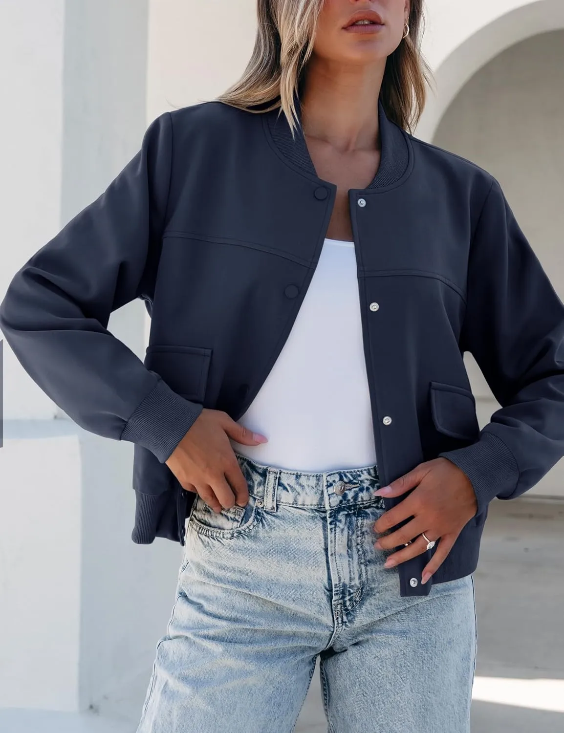 luvamia Bomber Jackets for Women Fall Casual Button Down Long Sleeves Trendy Varsity Jacket Outerwear Coat with Pockets