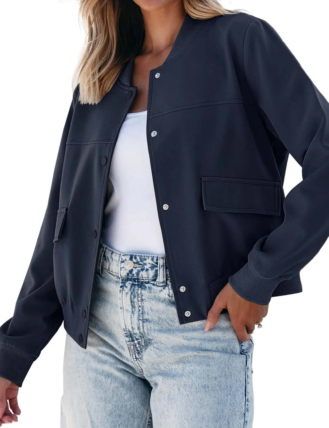 luvamia Bomber Jackets for Women Fall Casual Button Down Long Sleeves Trendy Varsity Jacket Outerwear Coat with Pockets