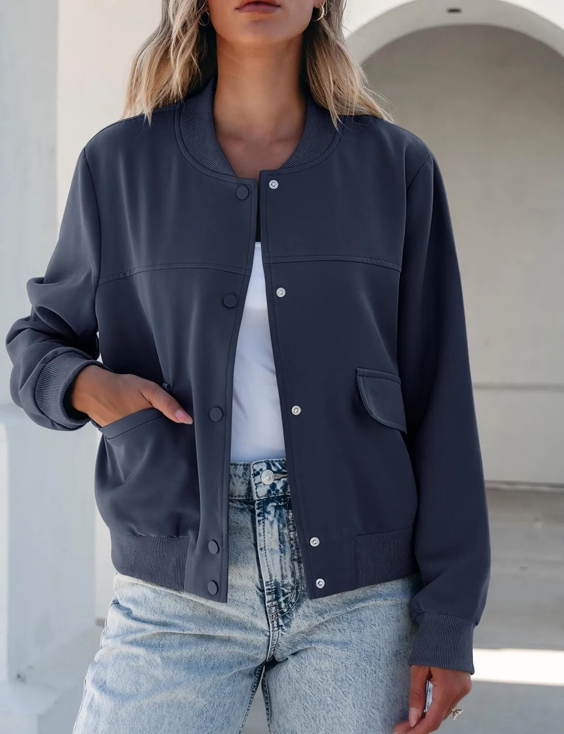 luvamia Bomber Jackets for Women Fall Casual Button Down Long Sleeves Trendy Varsity Jacket Outerwear Coat with Pockets