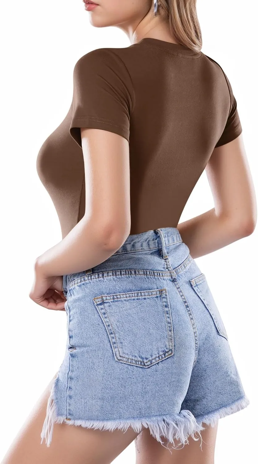 MANGOPOP Women's Round Neck Short Sleeve T Shirts Basic Bodysuits