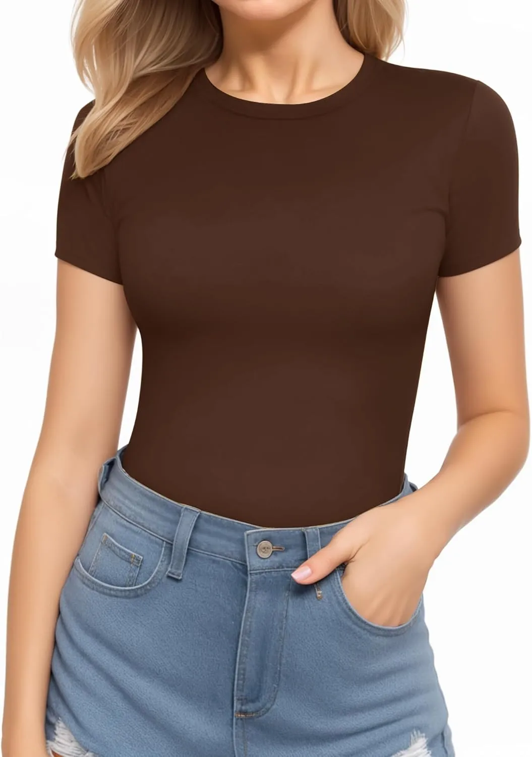 MANGOPOP Women's Round Neck Short Sleeve T Shirts Basic Bodysuits