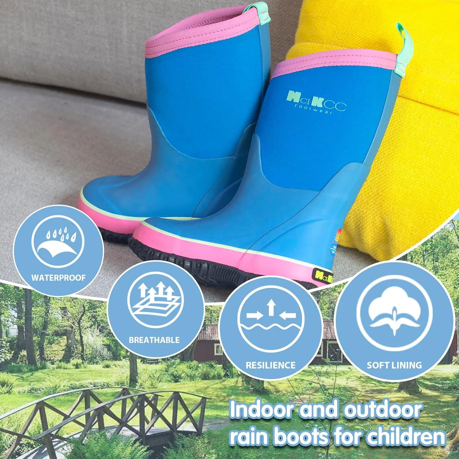MCIKCC Unisex Children Waterproof Rain Boots,Child Toddler Rain Boots Natural Rubber Kids Rainboot for Boys and Girls