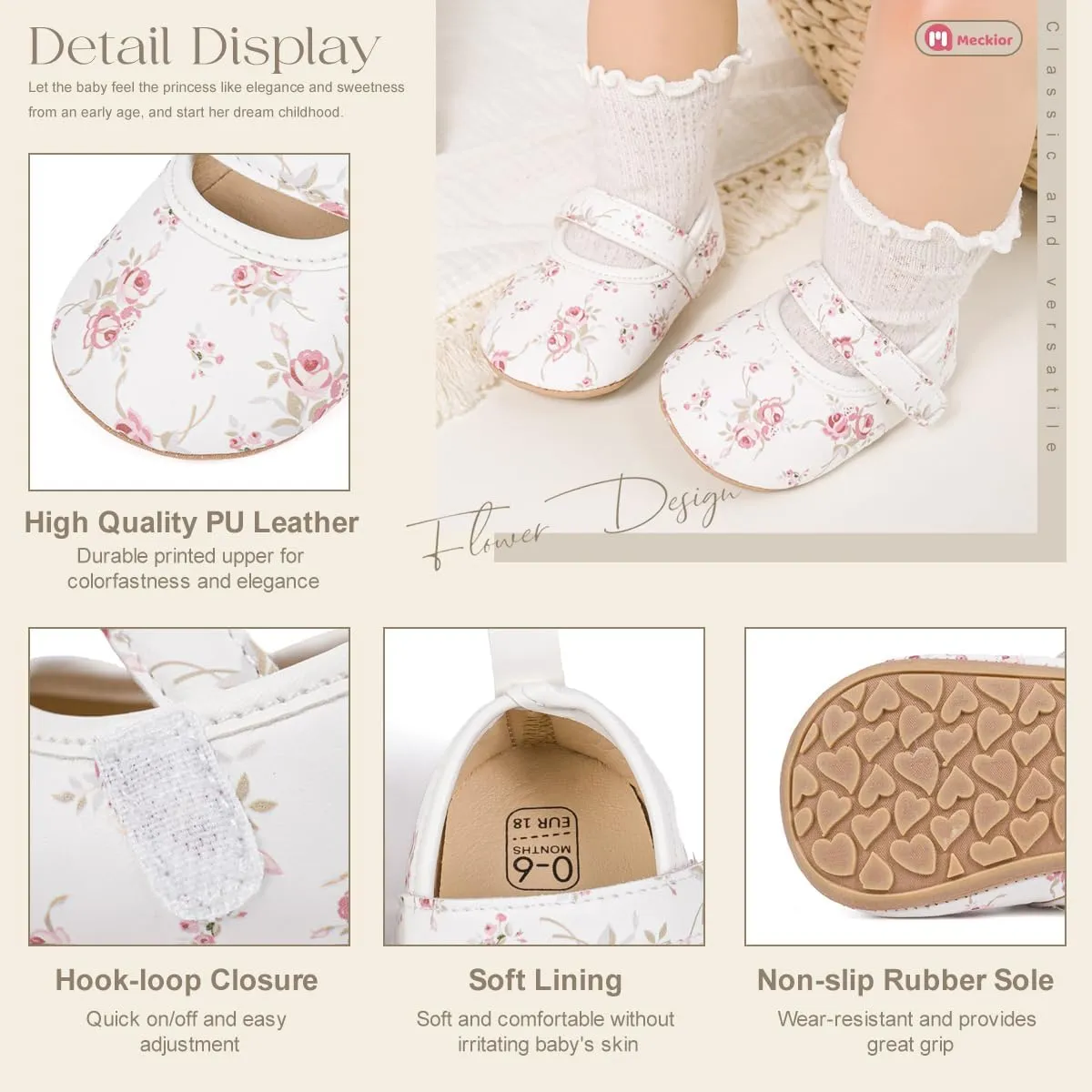 Meckior Infant Baby Girls Boys Handmade Princess Flats Toddler First Walkers Soft PU Leather Non-Slip Crib Wedding Dress Shoes